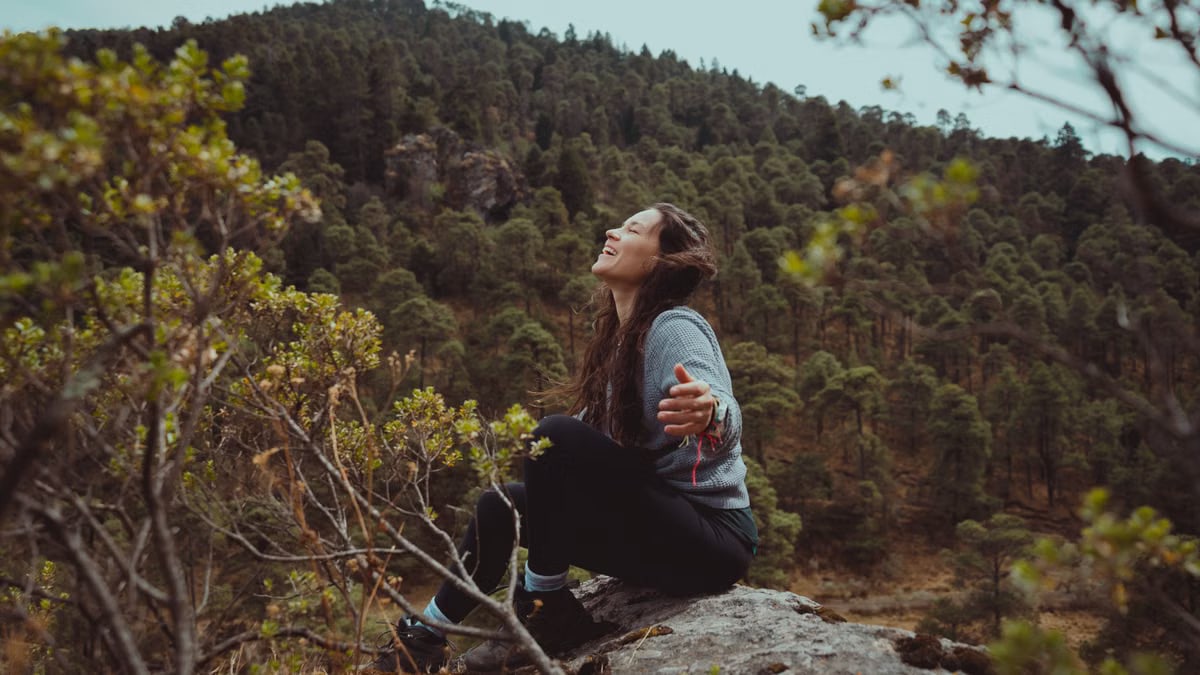 A woman sits on a rocky ledge, embracing nature amidst a lush forested mountain scene.